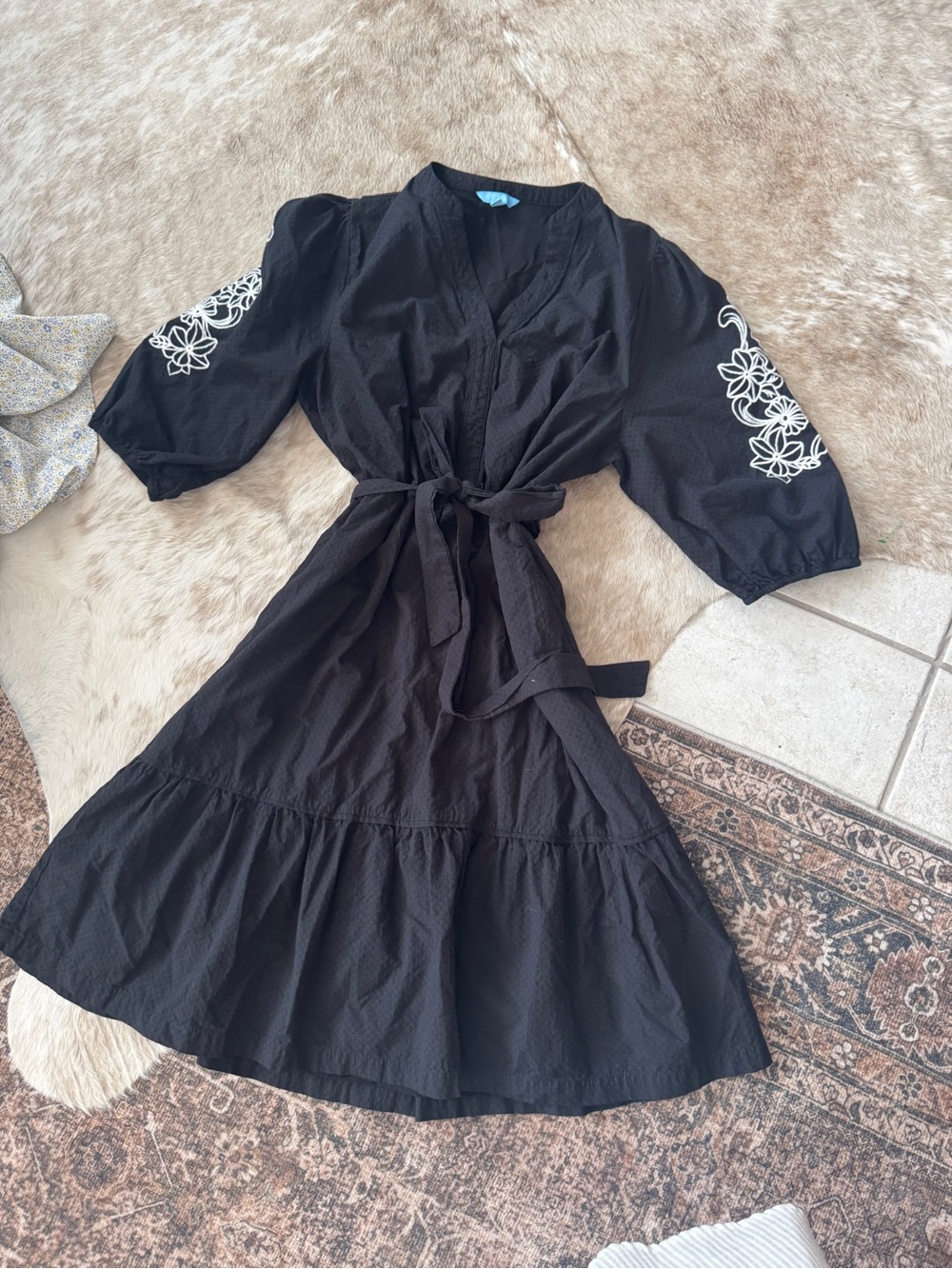 Draper James Black Midi Dress with White Sleeve Embroidery